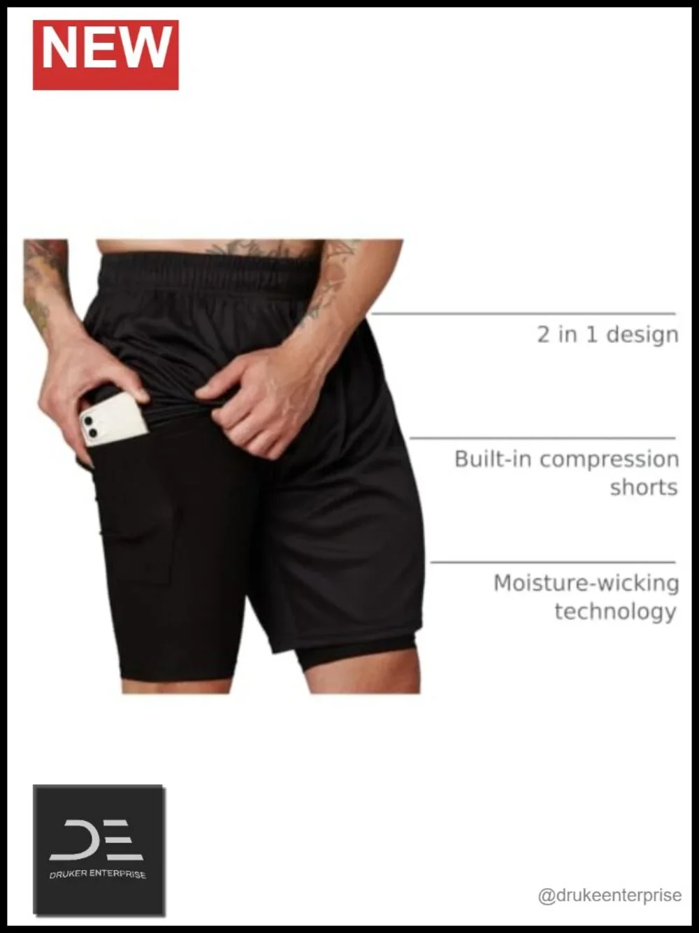 Men's 2-in-1 Compression Shorts with Liner Phone Pocket - Quick-Dry Athletic